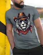 Cool Cowboy Lion Sunglasses Western Style Graphic Tee - model leaning on yellow-black pole, wearing Gray T-shirt, hand in pocket