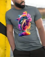 Colorful Dolphin Splash Ocean Vibe Graphic T-Shirt - model leaning on yellow-black pole, wearing Gray T-shirt, hand in pocket
