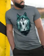Mystic Wolf Forest Spirit Double Exposure Art Tee - model leaning on yellow-black pole, wearing Gray T-shirt, hand in pocket