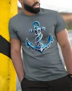 Blue Ocean Anchor Nautical Style Sea Lover T-Shirt - model leaning on yellow-black pole, wearing Gray T-shirt, hand in pocket