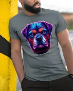 Neon Rottweiler Head Glow Art Dog Lover Graphic Tee - model leaning on yellow-black pole, wearing Gray T-shirt, hand in pocket