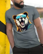 Cool Bear With Shades Summer Vibe Funny Graphic T-Shirt - model leaning on yellow-black pole, wearing Gray T-shirt, hand in pocket