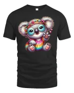 Hippie Koala T-Shirt Cute Rainbow Peace Sign Tee - black t-shirt on white background