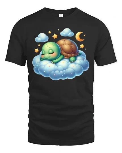 Sleeping Turtle T-Shirt Cute Dreamy Cloud Design - black t-shirt on white background
