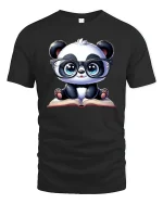 Cute Panda T-Shirt Reading Book Smart Student Tee - black t-shirt on white background