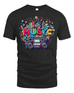 Retro Music T-Shirt Colorful Boombox Graphic Tee - black t-shirt on white background