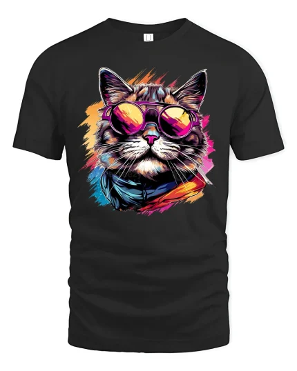 Cool Cat T-Shirt Retro Sunglasses Funny Kitty Tee - black t-shirt on white background