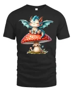 Cute Baby Dragon T-Shirt Fantasy Mushroom Art Tee - black t-shirt on white background