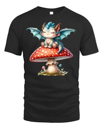 Cute Baby Dragon T-Shirt Fantasy Mushroom Art Tee - black t-shirt on white background