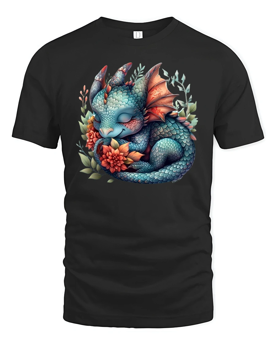 Cute Sleeping Dragon T-Shirt Fantasy Dreamy Style - 1 Cute Sleeping Dragon T-Shirt Fantasy Dreamy Style - black t-shirt on white background