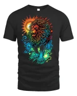 Colorful Lion T-Shirt Bold Sun and Moon Fantasy Art - black t-shirt on white background