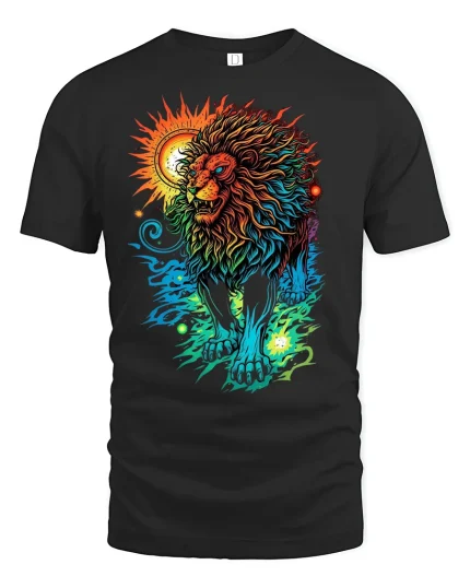 Colorful Lion T-Shirt Bold Sun and Moon Fantasy Art - black t-shirt on white background