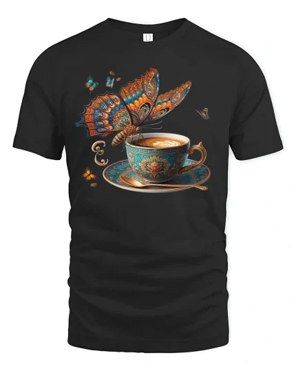 Coffee Butterfly T-Shirt Artistic Latte Fantasy Style - black t-shirt on white background