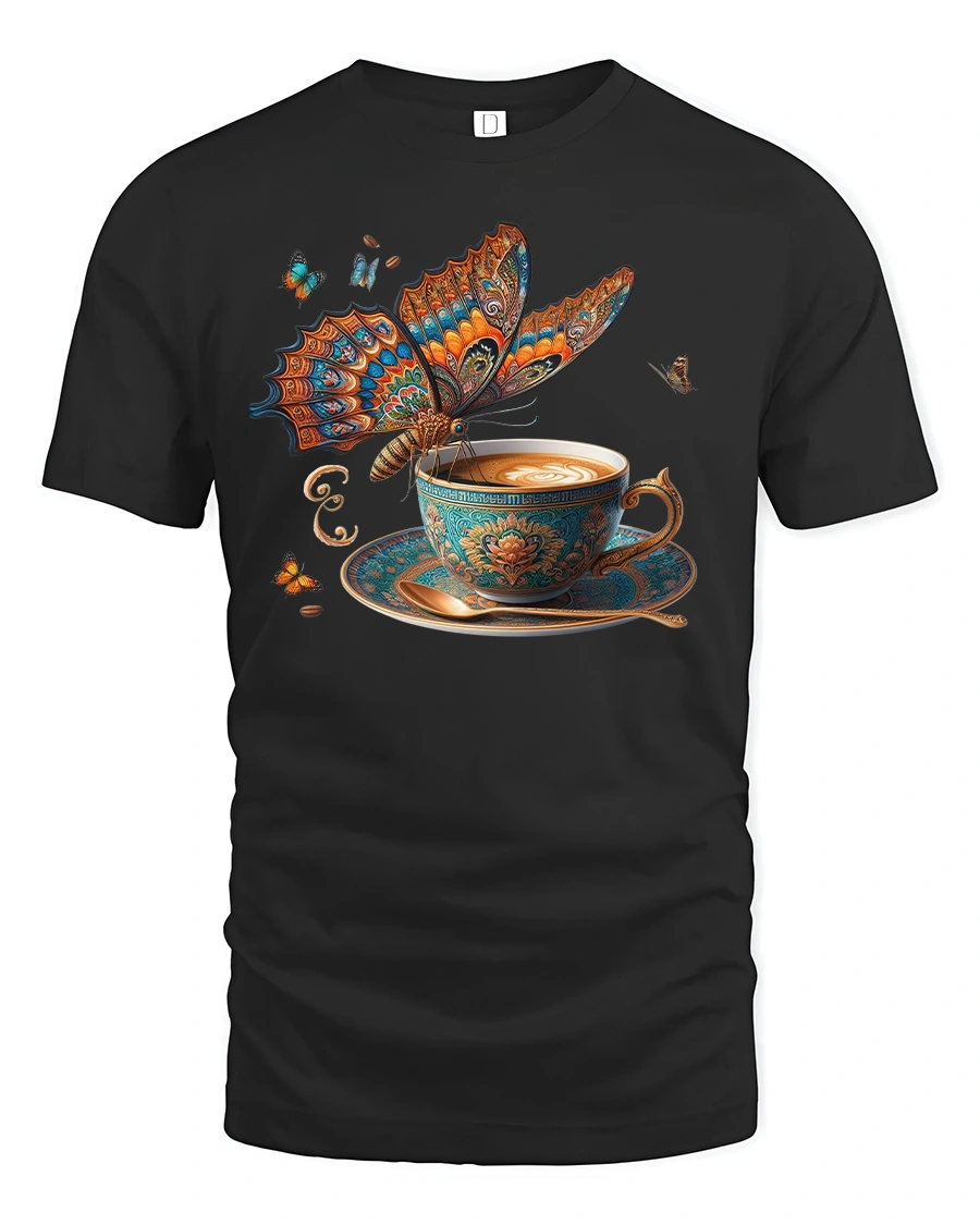 Coffee Butterfly T-Shirt Artistic Latte Fantasy Style - 1 Coffee Butterfly T-Shirt Artistic Latte Fantasy Style - black t-shirt on white background