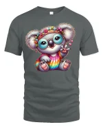 Hippie Koala T-Shirt Cute Rainbow Peace Sign Tee - gray t-shirt on white background