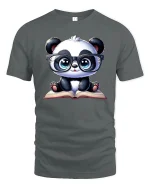 Cute Panda T-Shirt Reading Book Smart Student Tee - gray t-shirt on white background