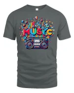 Retro Music T-Shirt Colorful Boombox Graphic Tee - gray t-shirt on white background