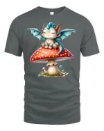 Cute Baby Dragon T-Shirt Fantasy Mushroom Art Tee - gray t-shirt on white background