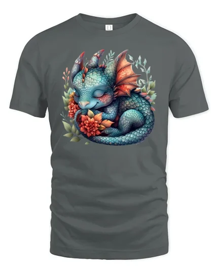 Cute Sleeping Dragon T-Shirt Fantasy Dreamy Style - gray t-shirt on white background
