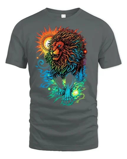 Colorful Lion T-Shirt Bold Sun and Moon Fantasy Art - gray t-shirt on white background