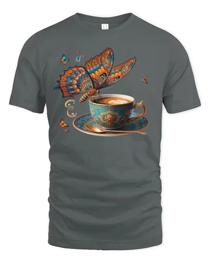 Coffee Butterfly T-Shirt Artistic Latte Fantasy Style - gray t-shirt on white background