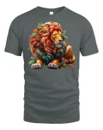 Floral Lion T-Shirt Majestic Jungle King Art Tee - gray t-shirt on white background