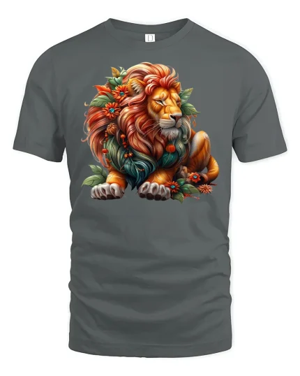 Floral Lion T-Shirt Majestic Jungle King Art Tee - gray t-shirt on white background