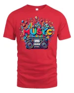 Retro Music T-Shirt Colorful Boombox Graphic Tee - red t-shirt on white background