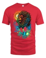 Colorful Lion T-Shirt Bold Sun and Moon Fantasy Art - red t-shirt on white background