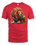 Floral Lion T-Shirt Majestic Jungle King Art Tee - red t-shirt on white background