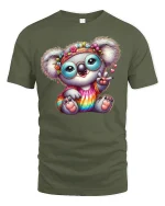 Hippie Koala T-Shirt Cute Rainbow Peace Sign Tee - military green t-shirt on white background