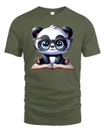 Cute Panda T-Shirt Reading Book Smart Student Tee - military green t-shirt on white background