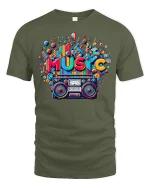 Retro Music T-Shirt Colorful Boombox Graphic Tee - military green t-shirt on white background