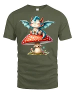 Cute Baby Dragon T-Shirt Fantasy Mushroom Art Tee - military green t-shirt on white background