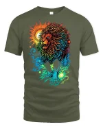 Colorful Lion T-Shirt Bold Sun and Moon Fantasy Art - military green t-shirt on white background