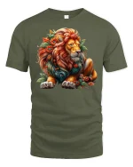 Floral Lion T-Shirt Majestic Jungle King Art Tee - military green t-shirt on white background