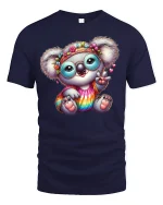 Hippie Koala T-Shirt Cute Rainbow Peace Sign Tee - navy t-shirt on white background
