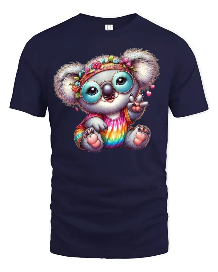 Hippie Koala T-Shirt Cute Rainbow Peace Sign Tee - navy t-shirt on white background