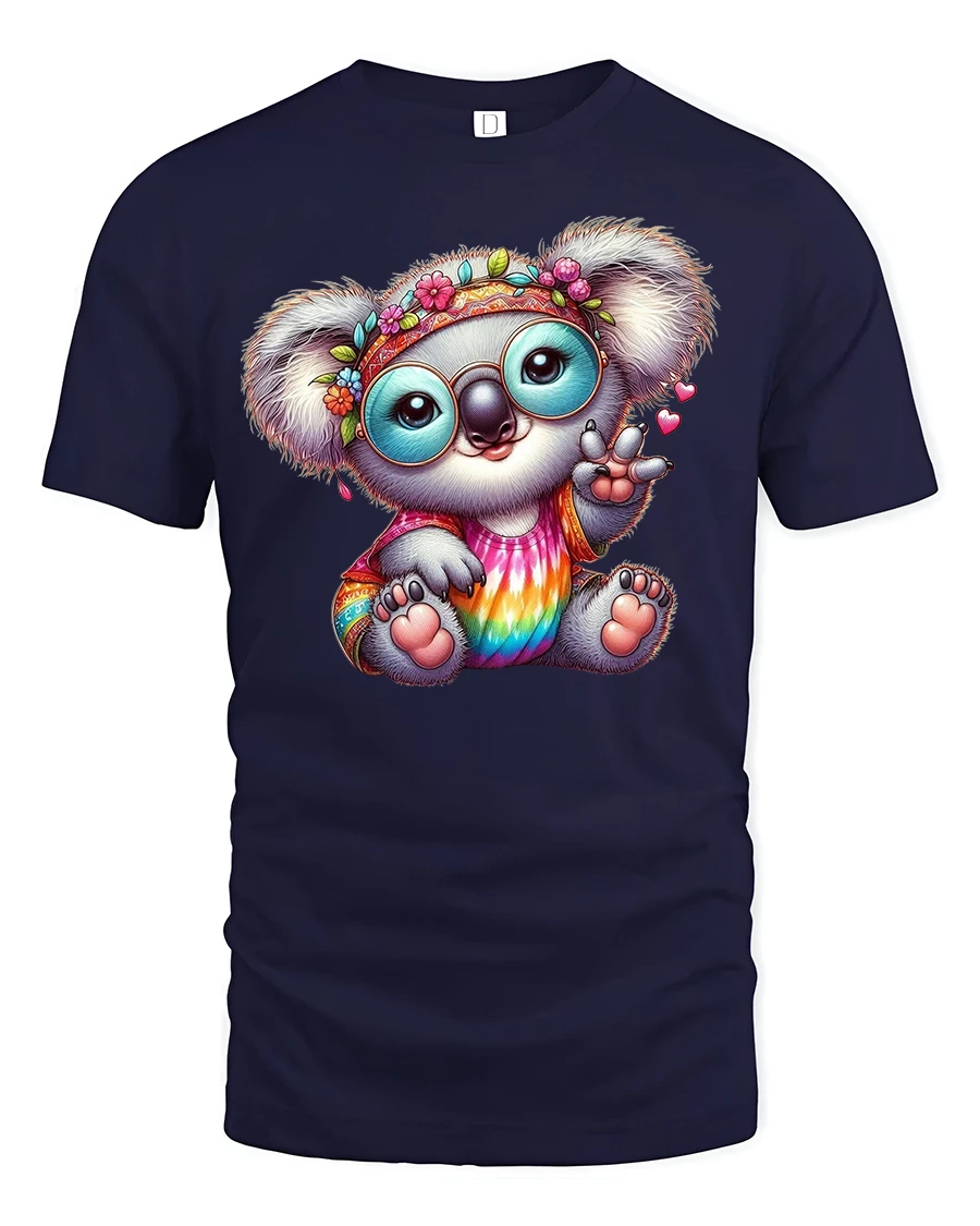 Hippie Koala T-Shirt Cute Rainbow Peace Sign Tee - 1 Hippie Koala T-Shirt Cute Rainbow Peace Sign Tee - navy t-shirt on white background