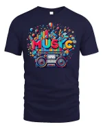 Retro Music T-Shirt Colorful Boombox Graphic Tee - navy t-shirt on white background