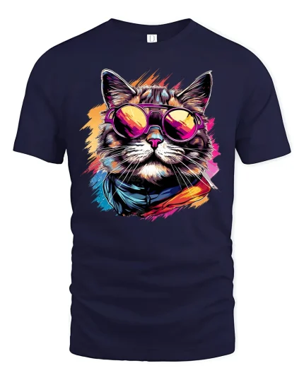 Cool Cat T-Shirt Retro Sunglasses Funny Kitty Tee - navy t-shirt on white background