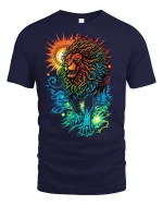 Colorful Lion T-Shirt Bold Sun and Moon Fantasy Art - navy t-shirt on white background