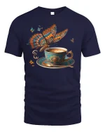 Coffee Butterfly T-Shirt Artistic Latte Fantasy Style - navy t-shirt on white background