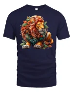 Floral Lion T-Shirt Majestic Jungle King Art Tee - navy t-shirt on white background