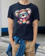 Hippie Koala T-Shirt Cute Rainbow Peace Sign Tee - model wearing navy tee with hands in pockets