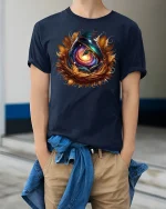 Dragon Egg T-Shirt Cosmic Fantasy Galaxy Nest Tee - model wearing navy tee with hands in pockets