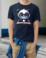 Cute Panda T-Shirt Reading Book Smart Student Tee - model wearing navy tee with hands in pockets