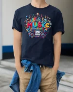 Retro Music T-Shirt Colorful Boombox Graphic Tee - model wearing navy tee with hands in pockets