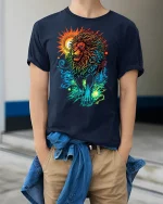 Colorful Lion T-Shirt Bold Sun and Moon Fantasy Art - model wearing navy tee with hands in pockets