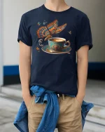 Coffee Butterfly T-Shirt Artistic Latte Fantasy Style - model wearing navy tee with hands in pockets